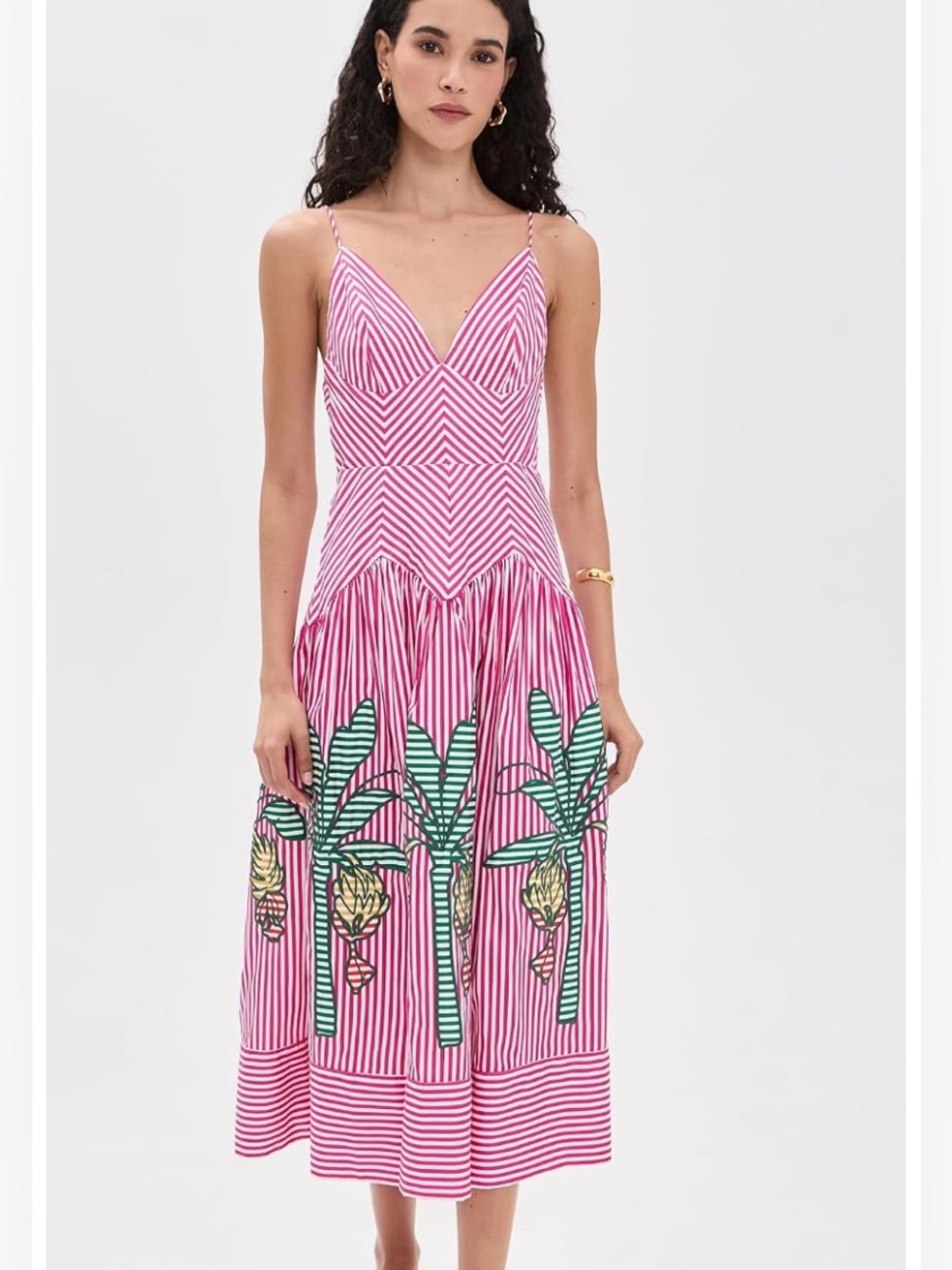 FARM Rio Anthropologie Palm Tree Cutwork Striped Tropical Midi Dress - Picture 2 of 4